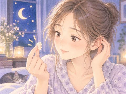 白い耳垢が取れて穏やかに見つめる女性