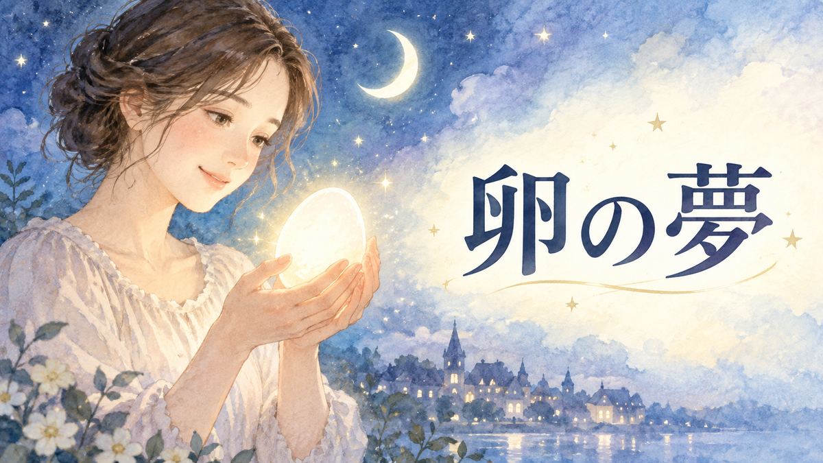 光る卵を両手で見つめる大人の女性