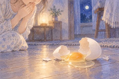 静かな床の上で割れて中身が見える卵