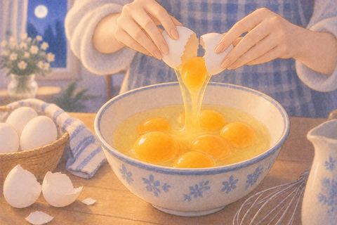 割った卵からたくさんの黄身が現れる器