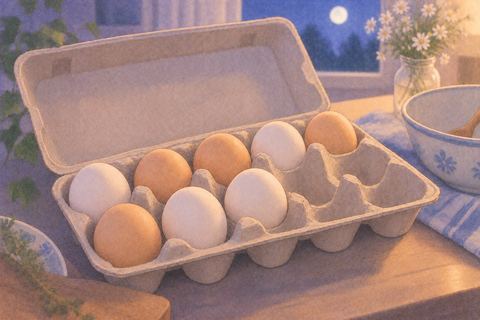 卵が整然と収まった開いた卵パック