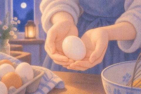 つやのある生卵を大切に持つ女性の手