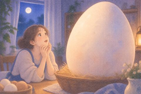 大きな卵を見上げる女性