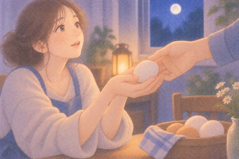 差し出された卵を両手で受け取る女性