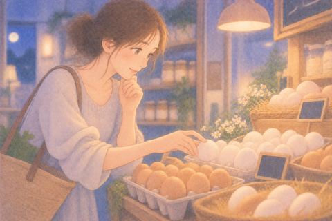 店頭で卵を見比べて選ぶ女性