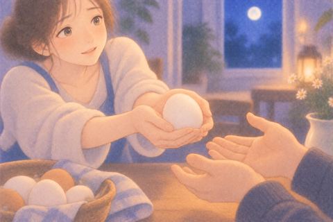 大切そうな卵を相手へ差し出す女性