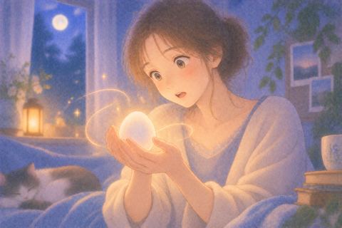 自分から生まれた卵を驚いて見つめる女性