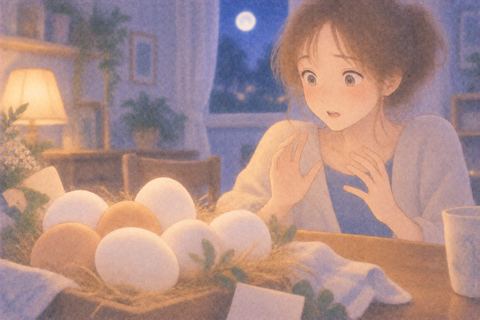 突然置かれた卵を戸惑って見つめる女性