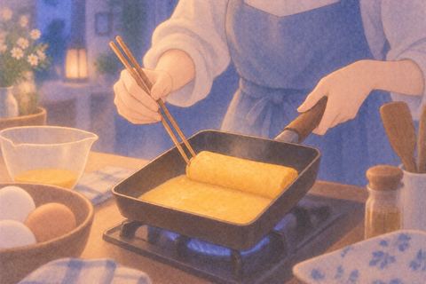 フライパンで卵焼きを巻く女性の手元