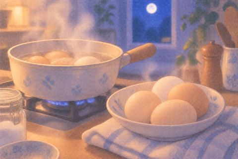 湯気の立つ鍋と殻付きのゆで卵