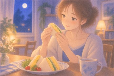 食卓に置かれた卵サンドを手に取る女性