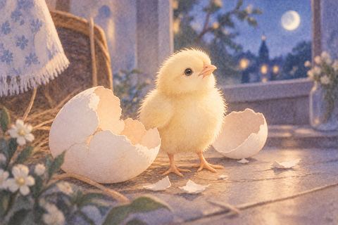 割れた卵のそばにいる生まれたばかりのヒナ