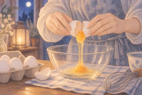 料理のためボウルへ卵を割る女性の手元