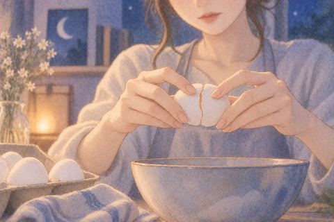 自分の意思で卵を割ろうとする女性の手