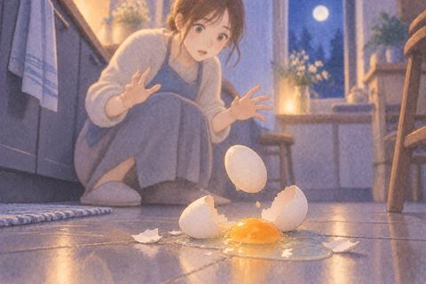 手から落ちた卵を見て驚く女性