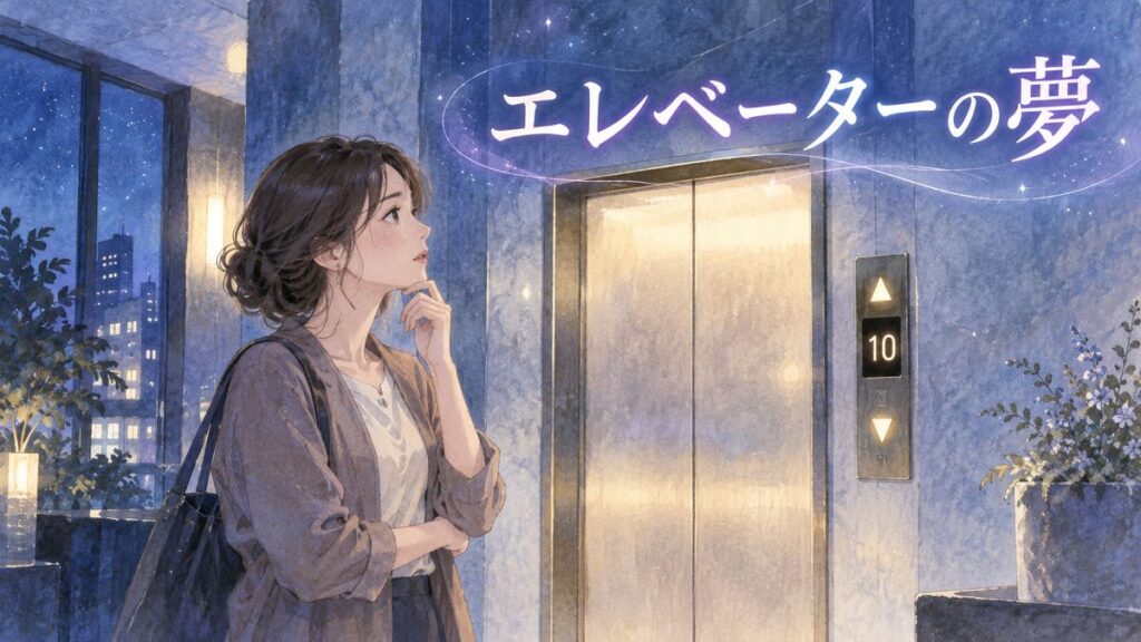 夜のエレベーターホールで扉を見つめる大人の女性と淡く光る階数表示