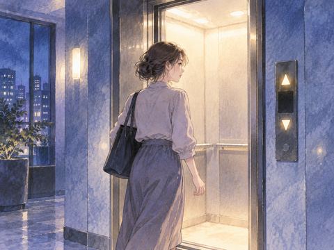 夜のエレベーターへ一歩踏み出す女性