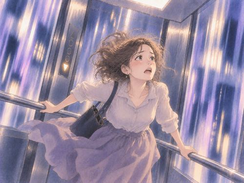 急降下するエレベーターで身体がふわりと浮く女性