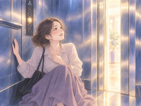 停止したエレベーターの中で無事を確かめて安堵する女性