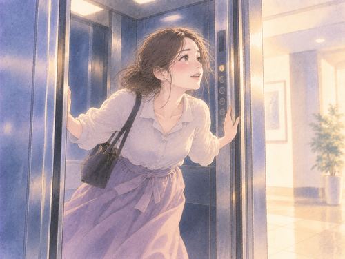 少し開いたエレベーターの扉から外へ出ようとする女性