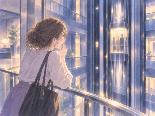 離れた場所から他人の乗ったエレベーターを心配そうに見つめる女性