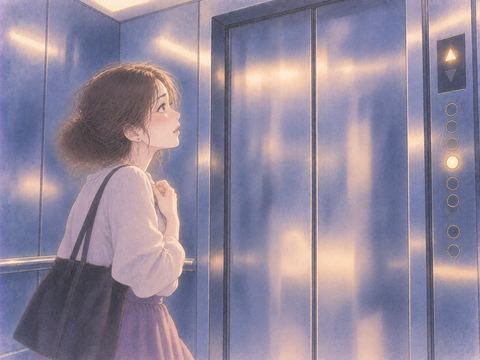 途中で止まったエレベーターの中で扉を見つめる女性