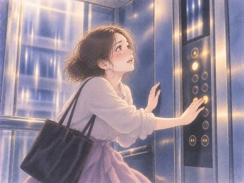 止まらないエレベーターでボタンを押す女性
