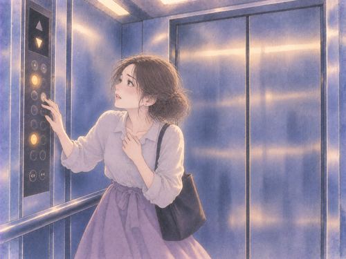 壊れた操作盤を見て困る女性と動かないエレベーター