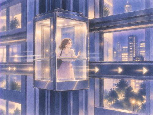 夜の建物内を横方向へ進むガラス張りのエレベーター