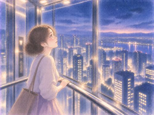 高層階へ向かうガラス張りエレベーターから夜景を見る女性