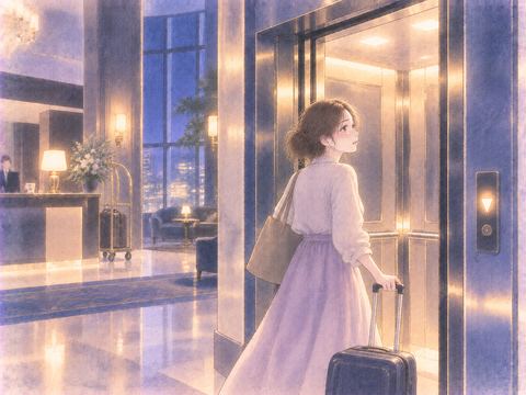 夜のホテルロビーのエレベーターに乗る女性