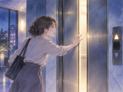 閉まりかけたエレベーターの扉の前で立ち止まる女性