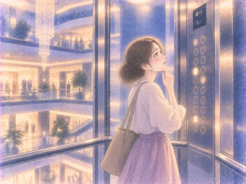 夜のデパートのエレベーター内で行き先を迷う女性