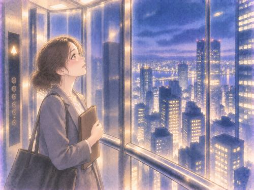 高層オフィスビルのエレベーターで上階へ向かう女性