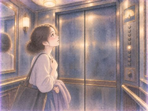 古い金属扉のエレベーターに乗る女性