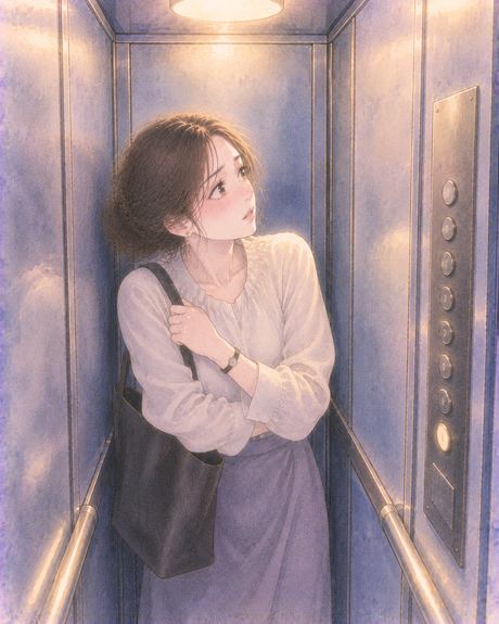 狭いエレベーターの中で身を縮める女性