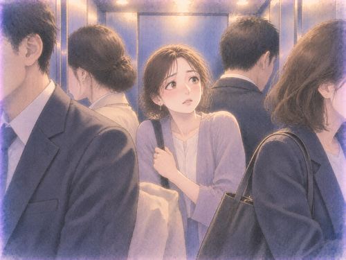 満員のエレベーターで周囲の人との距離を気にする女性