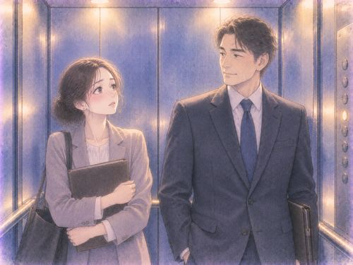 エレベーター内で上司らしい人物と並ぶ女性