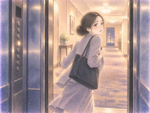 開いたエレベーターから廊下へ急いで出る女性