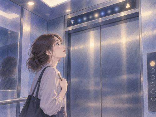 階数表示を見上げながら目的の階へ着けず戸惑う女性