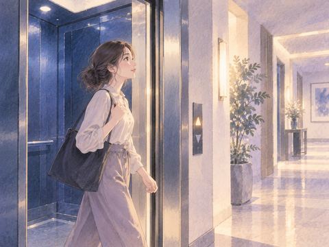 開いたエレベーターから明るい廊下へ降りる女性
