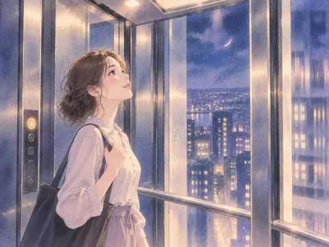 上昇するエレベーターの中で穏やかに上を見つめる女性