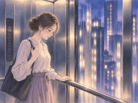 下降するエレベーターの中で静かに足元を見る女性