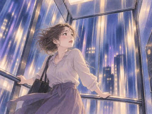 急上昇するエレベーターで手すりにつかまる女性