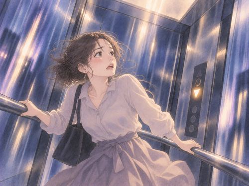 落下するエレベーター内で手すりにつかまる女性