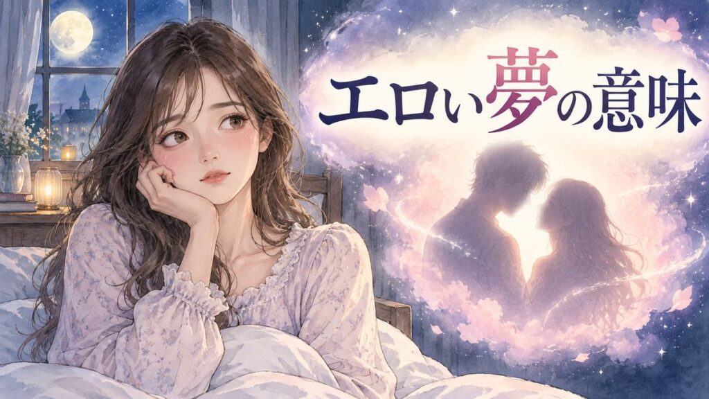 夜の寝室で夢の余韻に戸惑う女性と淡い光の中に浮かぶ親密な二人のシルエット