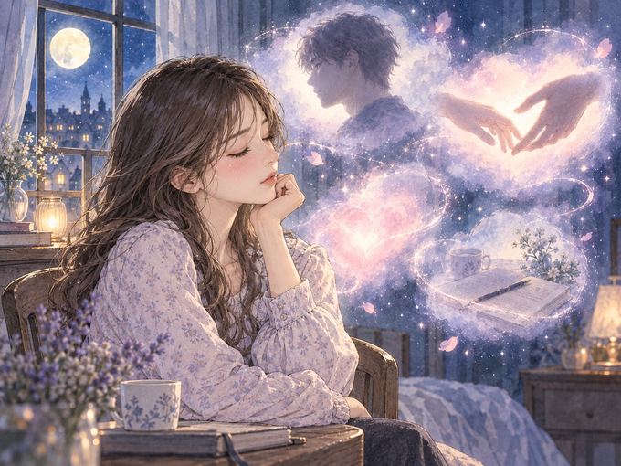 夜の窓辺で夢を振り返る女性と周囲に浮かぶ人物や感情の淡いイメージ