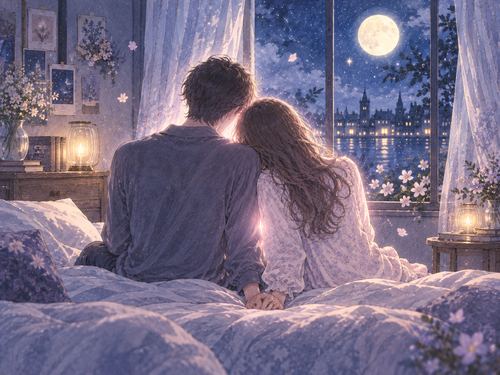 月明かりの部屋で寄り添う二人の大人のシルエット