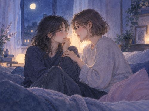 夜の部屋で親しげに向き合う同性の大人二人のシルエット