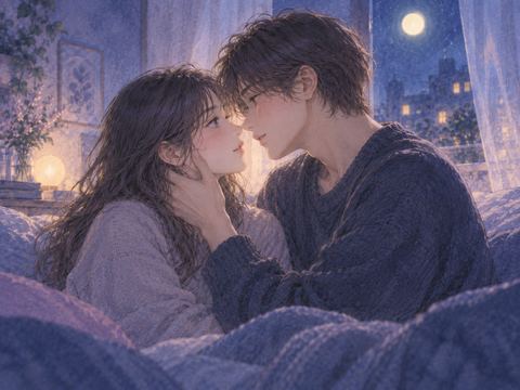 月明かりの窓辺で顔を近づける大人二人の夢の場面